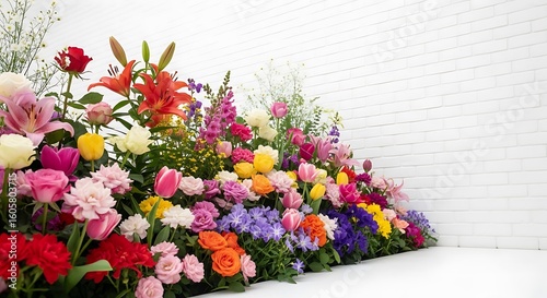 Colorful flower arrangement against a white brick wall.
