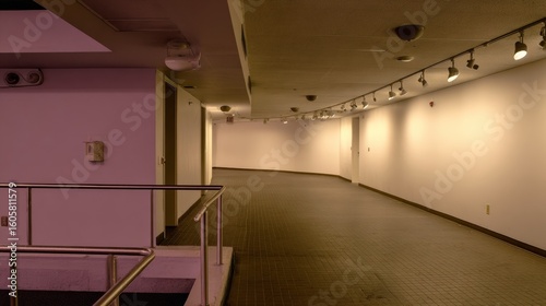 The modern office corridor with a long hallway, empty rooms, and large windows allows natural light to fill the building