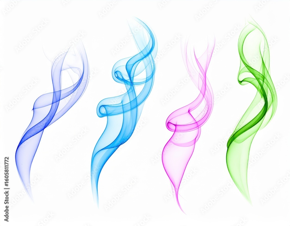 Fototapeta premium Colorful Smoke Plumes Abstract Curves on White Background Artistic Design Elements.