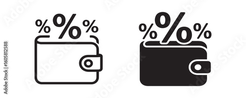 Set of wallet with percent symbols representing cashback or savings  in outline and silhouette icon