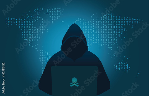 Hacker wearing hood using laptop computer with glow skull and crossbones logo in dark room on binary code number World map background