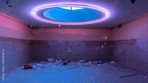 Inside an empty luxury hotel with a long hallway, there's a beautifully designed indoor swimming pool with a bright lamp, reflecting off the water