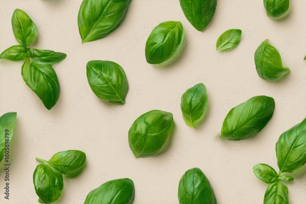 Fototapeta premium Fresh green basil leaves scattered creating a seamless pattern. A food background with aromatic herb for cooking and healthy eating.