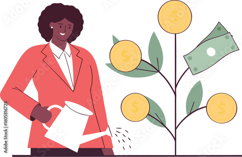  Girl is watering a money tree. Black businesswoman grows plant with coins. Green economy and funding concept. Revenue and income Vector illustration 