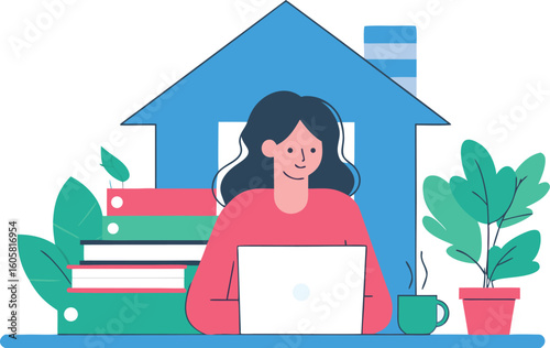 Young woman working remotely with laptop and coffee enjoying the comfort and flexibility of her home office setup
