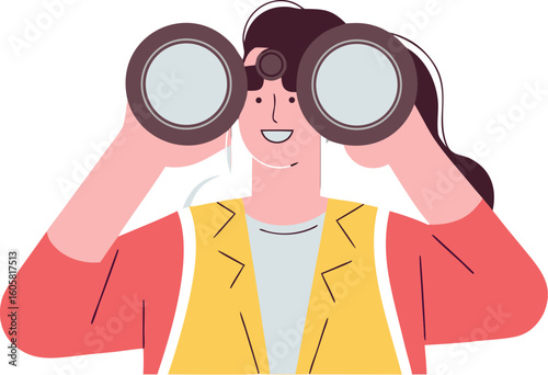 Happy woman holding huge tourists binocular and looking far ahead. Vector illustration for observation, discovery, future concept