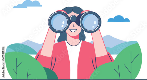 Happy woman holding huge tourists binocular and looking far ahead. Vector illustration for observation, discovery, future concept