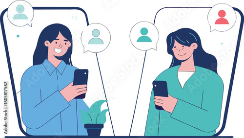 Happy woman using mobile phone, texting and chatting online. Girl with smartphone, surfing internet and using social media app. Flat illustration isolated on white background 