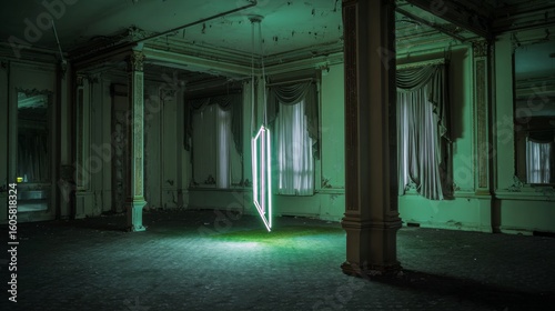 An old abandoned train station's interior reveals a stone corridor with columns, light streaming through ancient doorways, and a distant tunnel
