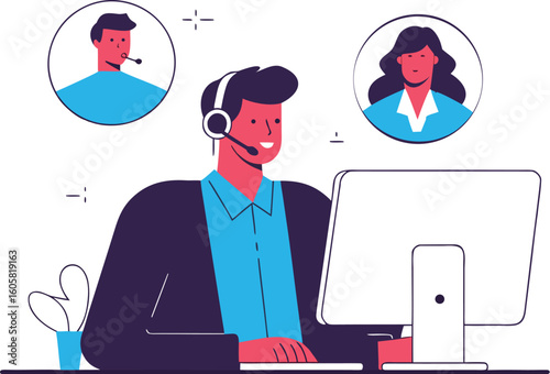 Professional support specialist providing customer service online with video call, modern vector illustration for business and technology solutions