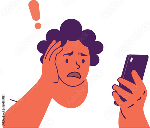 Stressed person staring anxiously at a phone, processing bad news or experiencing a tech problem, rendered from scalable vector graphics