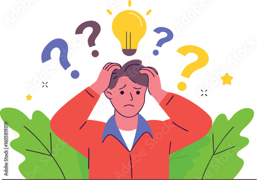 Stressed man seeking solutions, facing business challenges and creative blocks, struggling under pressure with bright idea lightbulb