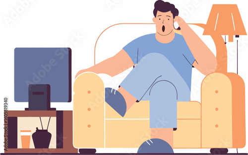 Shocked man receiving surprising news on his cellphone while relaxing at home in his armchair watching television with a lamp nearby