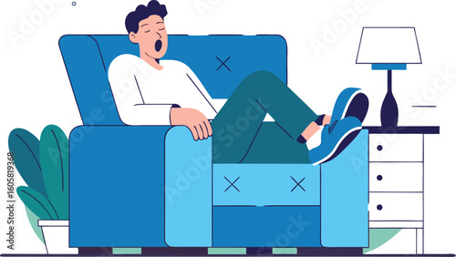 Man peacefully napping on a plush blue armchair, dreaming of breakthroughs and serenity, perfect for relaxation concepts