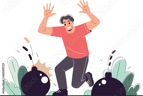 Man reacting to crisis with hands up near bombs, a whimsical take on risk and explosive situations, perfect for illustrating stress and sudden danger