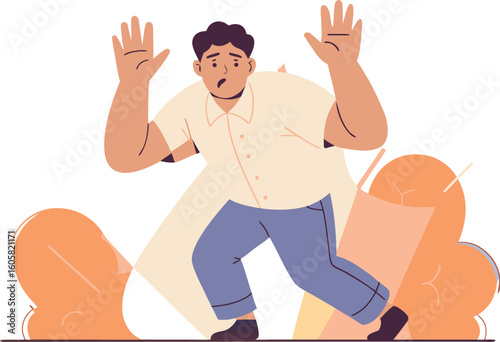 Man overwhelmed with hands up in the air feeling anxious and scared, a modern conceptual design expressing stress, fear and anxiety, an individual under pressure