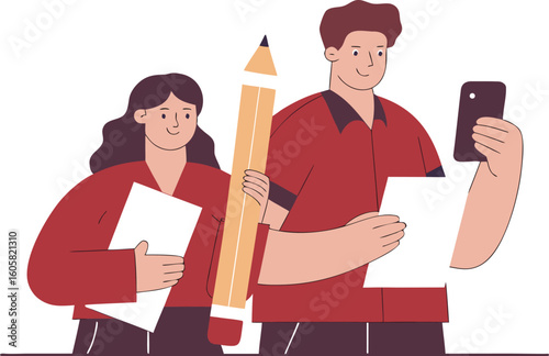 Teamwork business people vector illustration. Cartoon team of office worker characters standing together, woman man holding big pencil, mobile phone and paper documents for work isolated on white