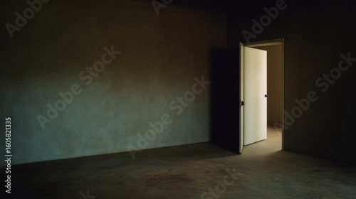 Empty interior of a new apartment with a door, window, and a parquet floor