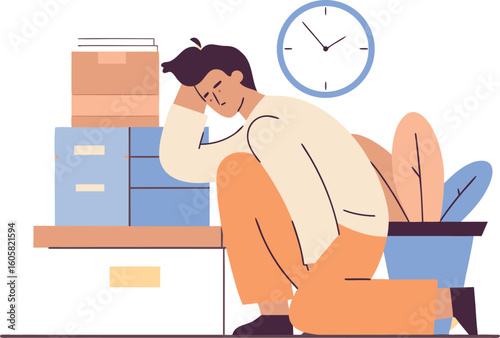 Overwhelmed worker feeling burnout from work overload and deadlines, needing a break from the pressure and stress