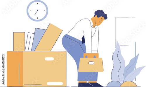 Fired employee carrying belongings in box, concept for job loss, unemployment, or career change in modern illustration style