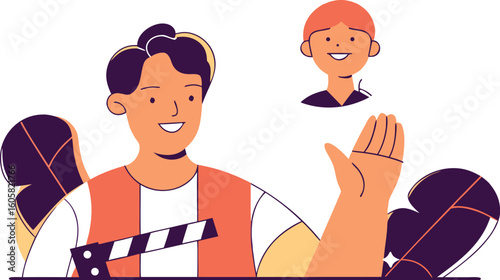 Cheerful filmmaker video chatting with actor during production in modern style, representing creative collaboration in the film industry