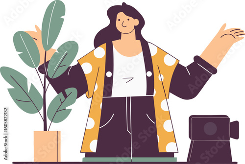 Creative influencer showcasing her unique style with a vintage camera and vibrant plant for her online video content creation