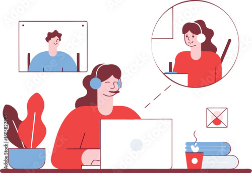Modern professional woman in a video conference call working remotely from home with happy colleagues, virtual meeting and teamwork, digital communication