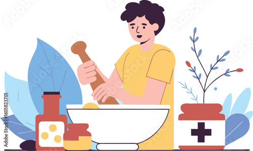 Man preparing natural medicine, grinding herbs with mortar and pestle, promoting holistic wellness and traditional remedies for alternative healthcare solutions