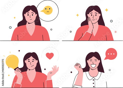 Empathetic woman displays a range of emotions, from sadness to joy and inspiration, showing emotional intelligence and human connection in life and work
