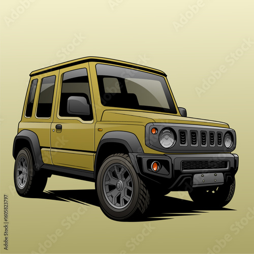 Vector illustration of a yellow rugged off-road SUV with bold lines, perfect for adventure-themed designs and outdoor travel content