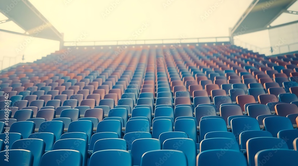 Fototapeta premium Rows of vibrant stadium seating bathed in sunlight, perfect for sports event marketing campaigns