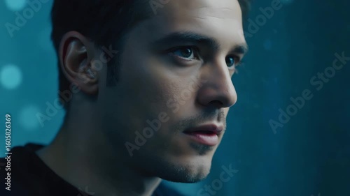 Portrait of a man looking serious and thoughtful in a blue background close up face studio shot. Teamwork procedure in office workspace. Notification guidance in business meeting