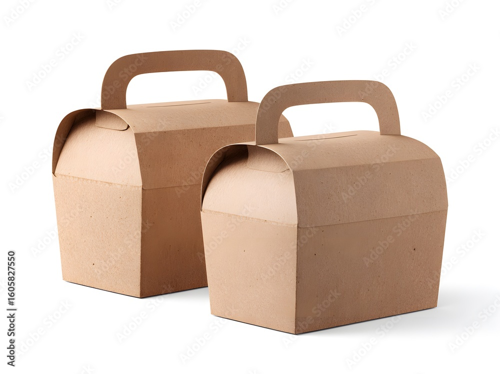 Two modern kraft paper take out food boxes with handles, perfect for catering and delivery services Two modern kraft paper take out food boxes with handles, perfect for catering and delivery services