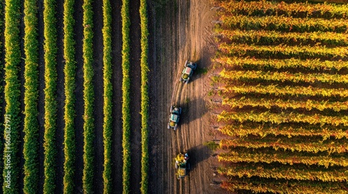 Aerial view of vineyards with tractors