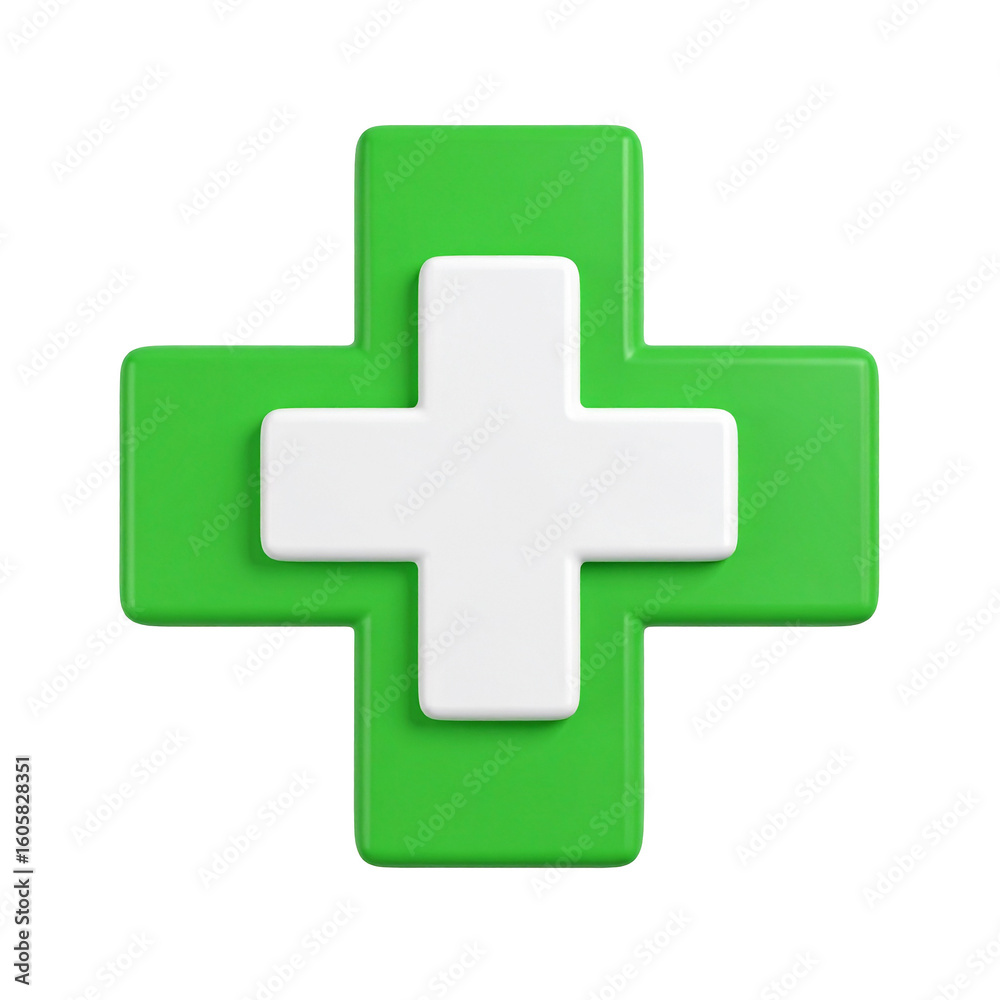 Fototapeta premium Green and white medical cross symbol, first aid concept on transparent background