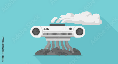 Stylized depiction of air pollution emanating from a machine with air conditioning vents, creating a visual statement on environmental impact