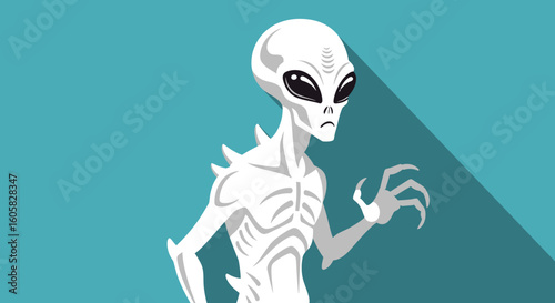 Stylized Gray Alien with Large Eyes and Shadow, Extraterrestrial Presence Depicted on Aqua Background, Cartoonish Illustration150