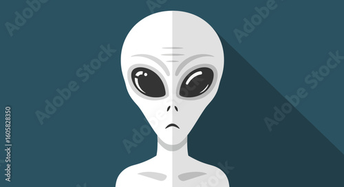 Extraterrestrial presence with elongated head, featuring prominent dark eyes and a subtle expression against a deep teal backdrop with a sharp