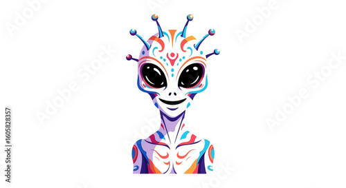 Vibrant Alien Illustration with Decorative Head and Striking Color Patterns