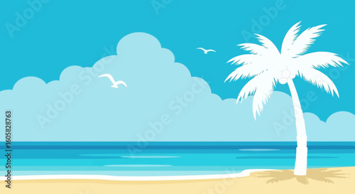 Tranquil tropical paradise scene with azure ocean, a solitary palm tree, and gentle clouds evokes peaceful serenity