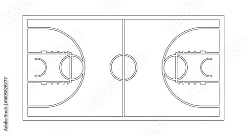 Basketball court layout design with precise markings and dimensions in clean black and white outline for a game plan illustration