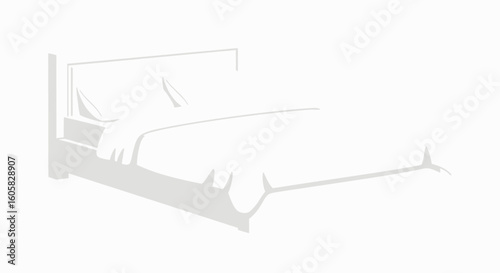 Minimalist light gray illustration of a double bed with pillows and a duvet on a white background