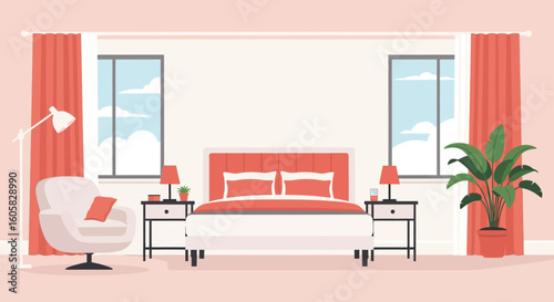 Stylish Bedroom Interior with Coral Accents Creating a Relaxing and Modern Aesthetic