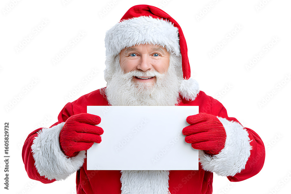 Naklejka premium Cheerful Santa Claus Holding a Blank White Sign for Message. Ai Generated Images