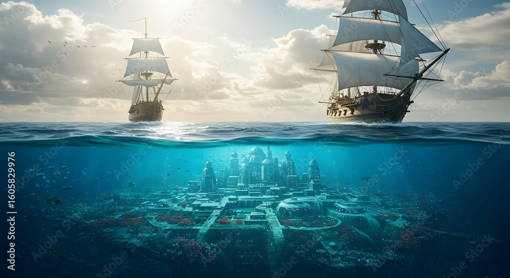 Obraz premium Sailing Ship Above Sunken City Lost Civilization Discovery