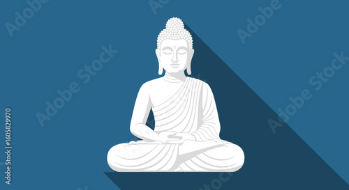 Serene Buddha Illustration in Meditation Posture on Deep Blue Backdrop Minimalist Spiritual Art Depiction