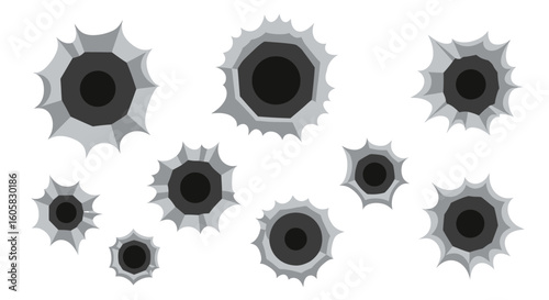 Multiple bullet holes on a white surface showing impact and damage, suggesting conflict or target practice graphic vector illustration