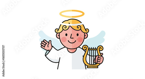 Enchanting angel with golden harp and halo, spreading joy and melody through ethereal realms of divine grace and heavenly bliss