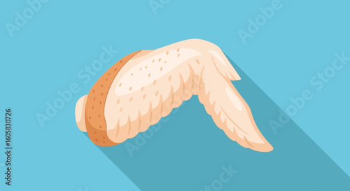 Cartoon chicken wing illustration with long shadow on blue background for culinary designs and food-related projects