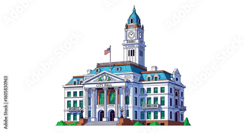 Elegant City Hall Vector Illustration with Clock Tower and American Flag, Representing Local Government and Community Heritage